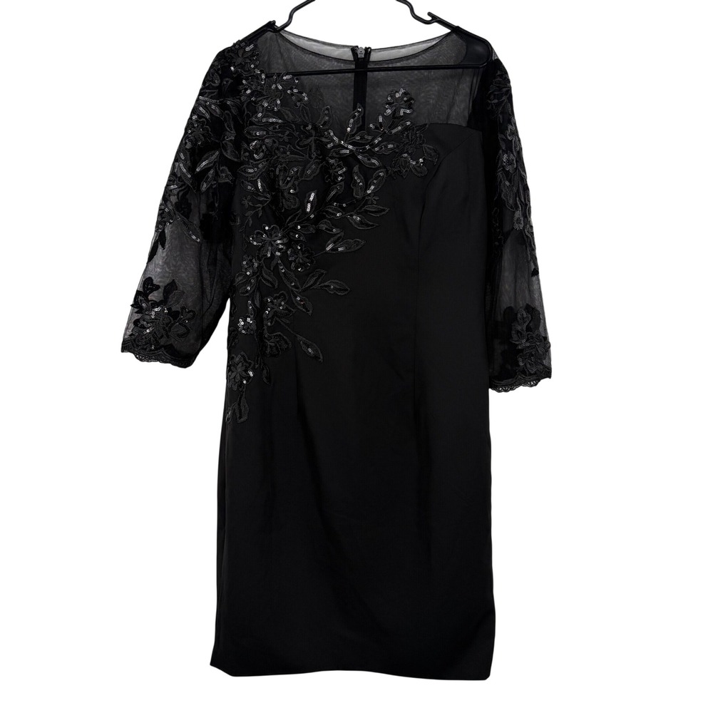 MISSACC Cocktail Dress Women L Black Excellent Sequin Lace Mesh Illusion Sheath